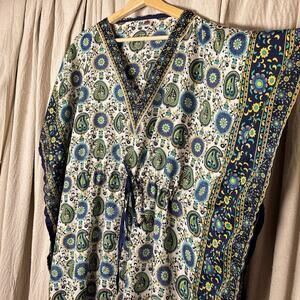 Batik Mo To Paisley Print Kaftan Maxi Dress Navy Green One Size